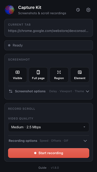 Capture Kit Chrome extension popup